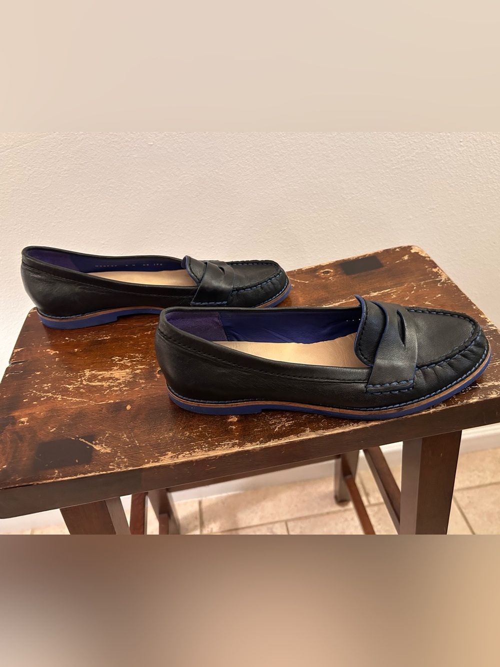 Cole Haan Black Leather Penny Loafers with Navy Trim - Picture 4 of 8